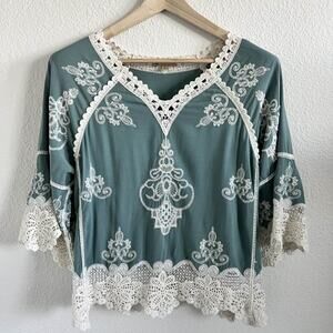 Democracy Women Green Crochet Lace Boho Peasant Blouse Small